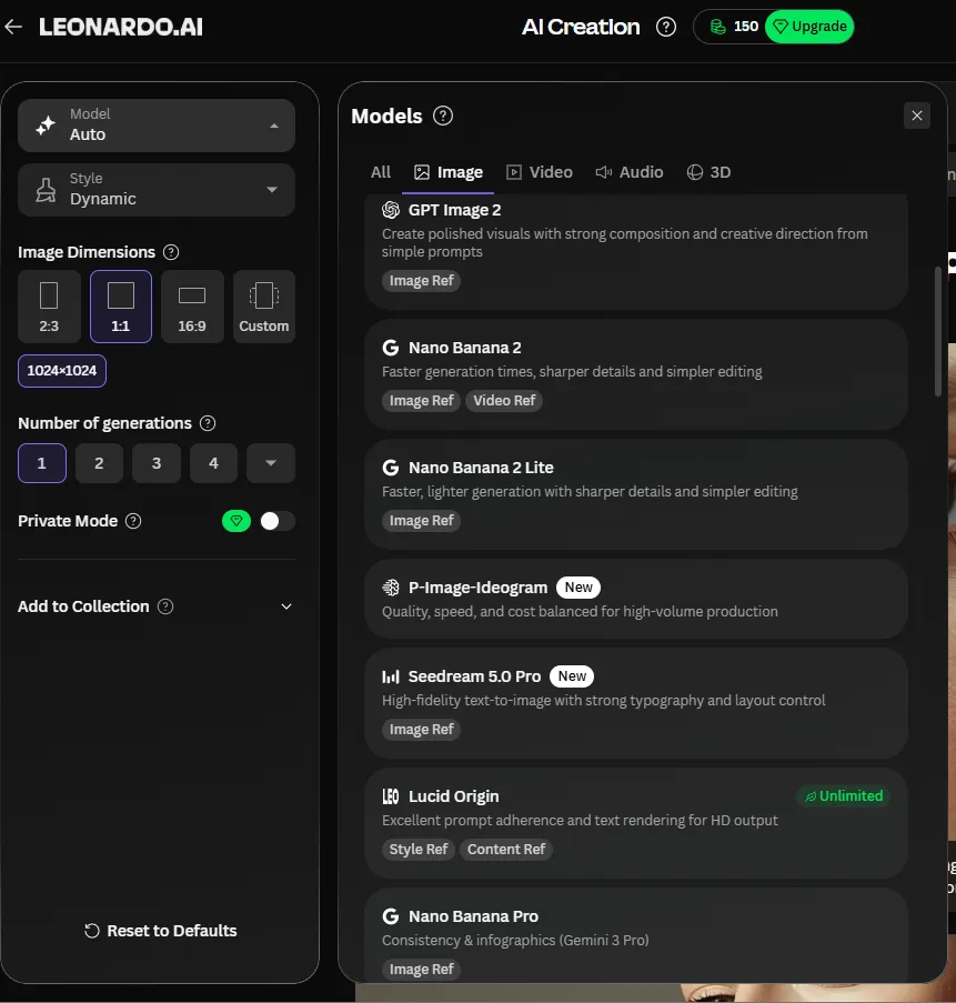 Selektor modeli w panelu Leonardo AI: zakładki All, Image, Video, Audio i 3D, a pod nimi lista silników do generowania obrazów - GPT Image 2, Nano Banana 2, Nano Banana 2 Lite, P-Image-Ideogram, Seedream 5.0 Pro, Lucid Origin z oznaczeniem Unlimited oraz Nano Banana Pro, po lewej panel ustawień z wyborem modelu, stylu, proporcji kadru i trybem prywatnym