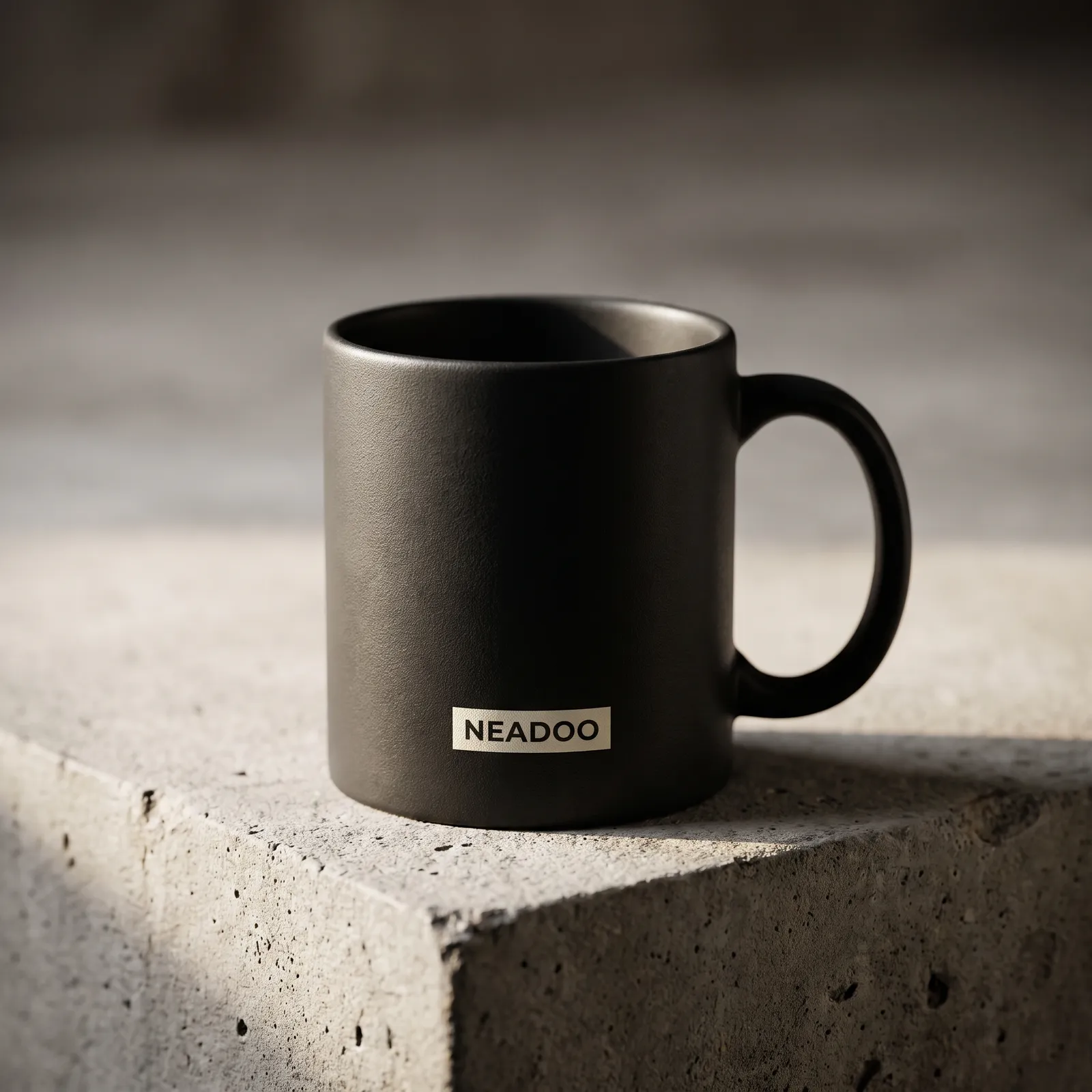 Czarny matowy kubek ceramiczny wygenerowany przez Nano Banana Pro: prostokątna biała etykieta z napisem NEADOO, twarde światło boczne, betonowa krawędź z widocznym kruszywem