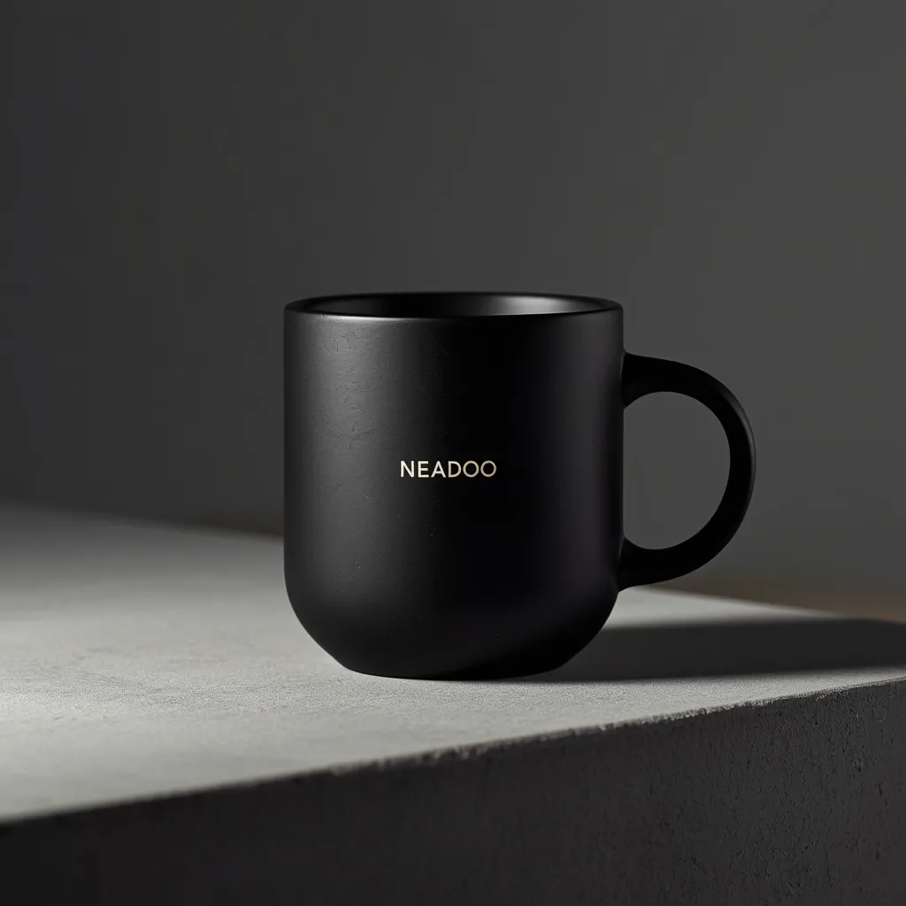 Czarny matowy kubek ceramiczny wygenerowany przez Lucid Origin: złoty napis NEADOO nadrukowany wprost na ceramice, ciemne studyjne tło, betonowy postument