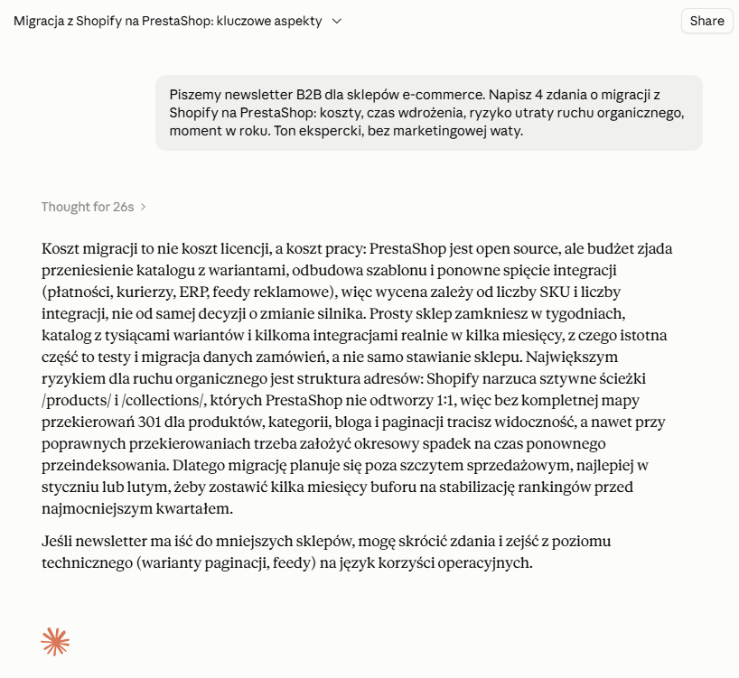 Interfejs Claude AI z odpowiedzią w języku polskim Rozmowa z Claude: prośba o cztery zdania do newslettera B2B o migracji z Shopify na PrestaShop i odpowiedź omawiająca koszty, czas wdrożenia, ryzyko utraty ruchu organicznego i optymalny moment w roku