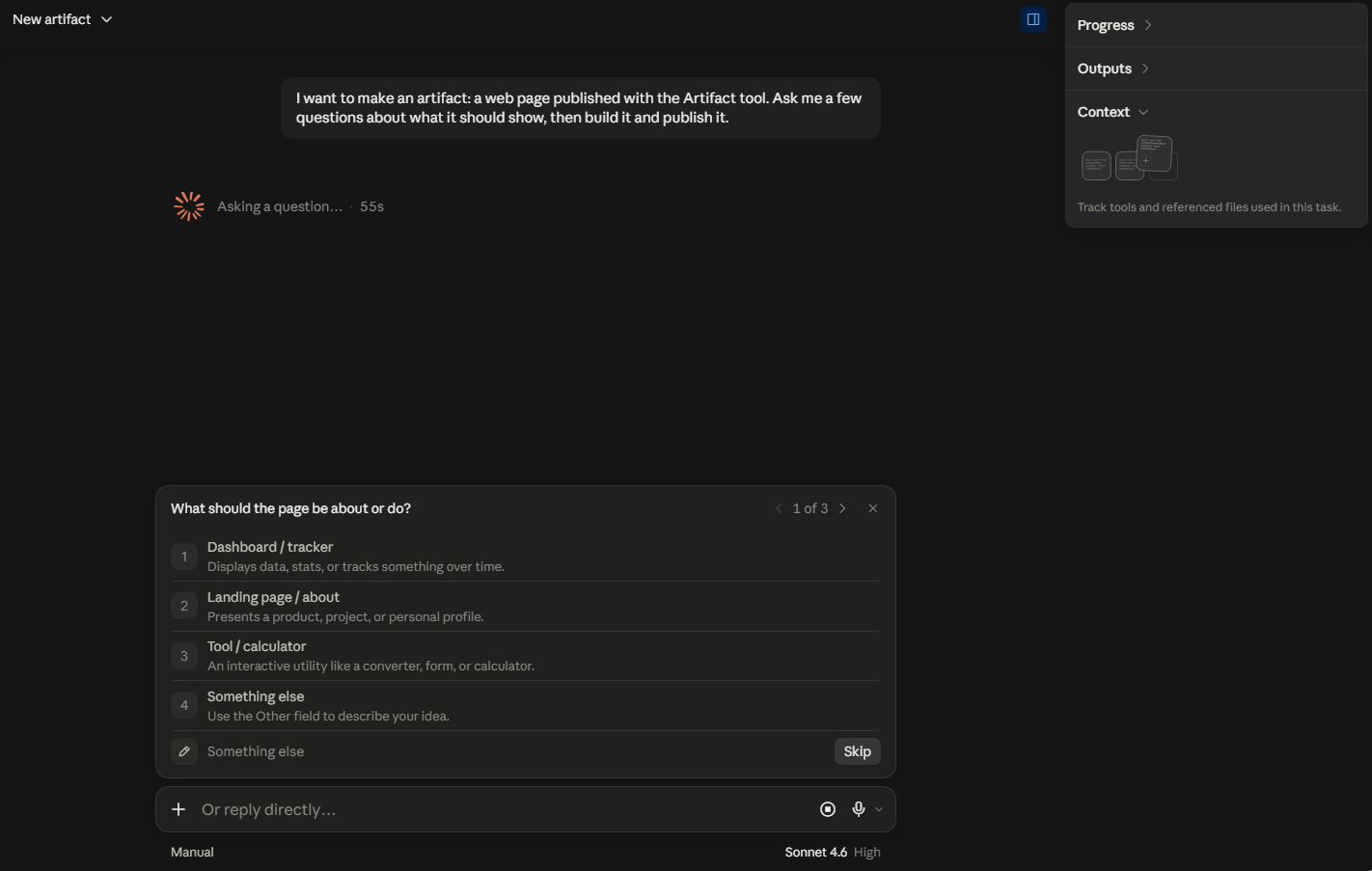 Interfejs tworzenia artefaktu w Claude: prompt o zbudowanie i opublikowanie strony, pod nim lista opcji do wyboru (dashboard, landing page, kalkulator), po prawej panel z postępem i kontekstem zadania Interfejs tworzenia artefaktu w Claude: prompt o zbudowanie i opublikowanie strony, pod nim lista opcji do wyboru (dashboard, landing page, kalkulator), po prawej panel z postępem i kontekstem zadania