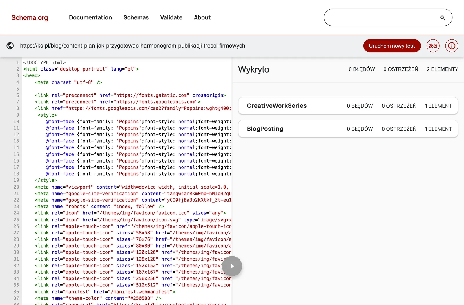 Testowanie kodu za pomocą walidatora schema.org