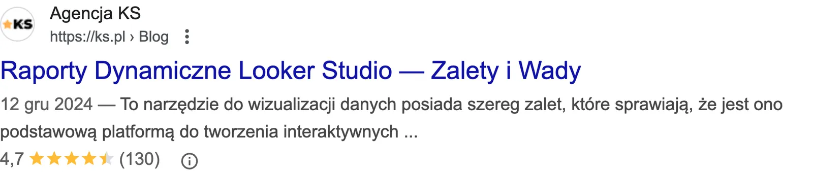 Wynik wyszukiwania z wyświetloną datą oraz oceną gwiazdkową