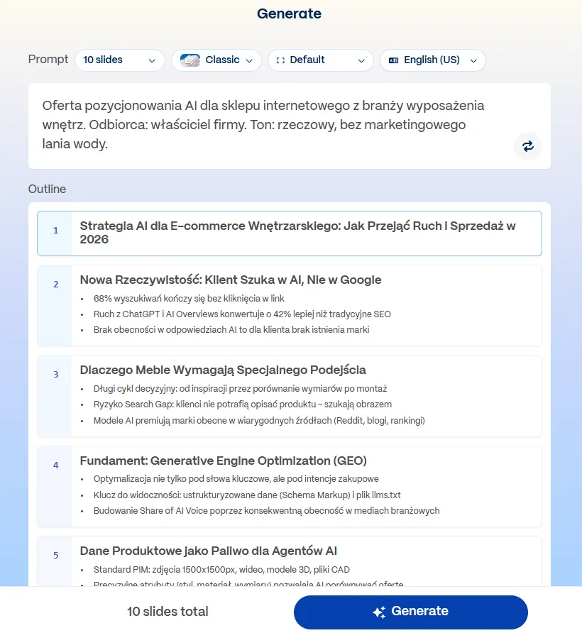 Zrzut ekranu konspektu wygenerowanego przez Gammę: ponumerowana lista kart z tytułami i punktami po polsku, na dole licznik pokazujący dziesięć slajdów łącznie oraz przycisk Generate