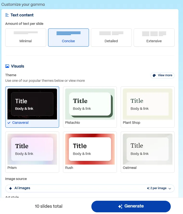 Zrzut ekranu ustawień Customize your gamma: wybór objętości tekstu na slajd spośród opcji Minimal, Concise, Detailed i Extensive, galeria sześciu motywów graficznych z podglądami oraz ustawienie źródła obrazów na AI images z liczbą dwa obrazy na kartę