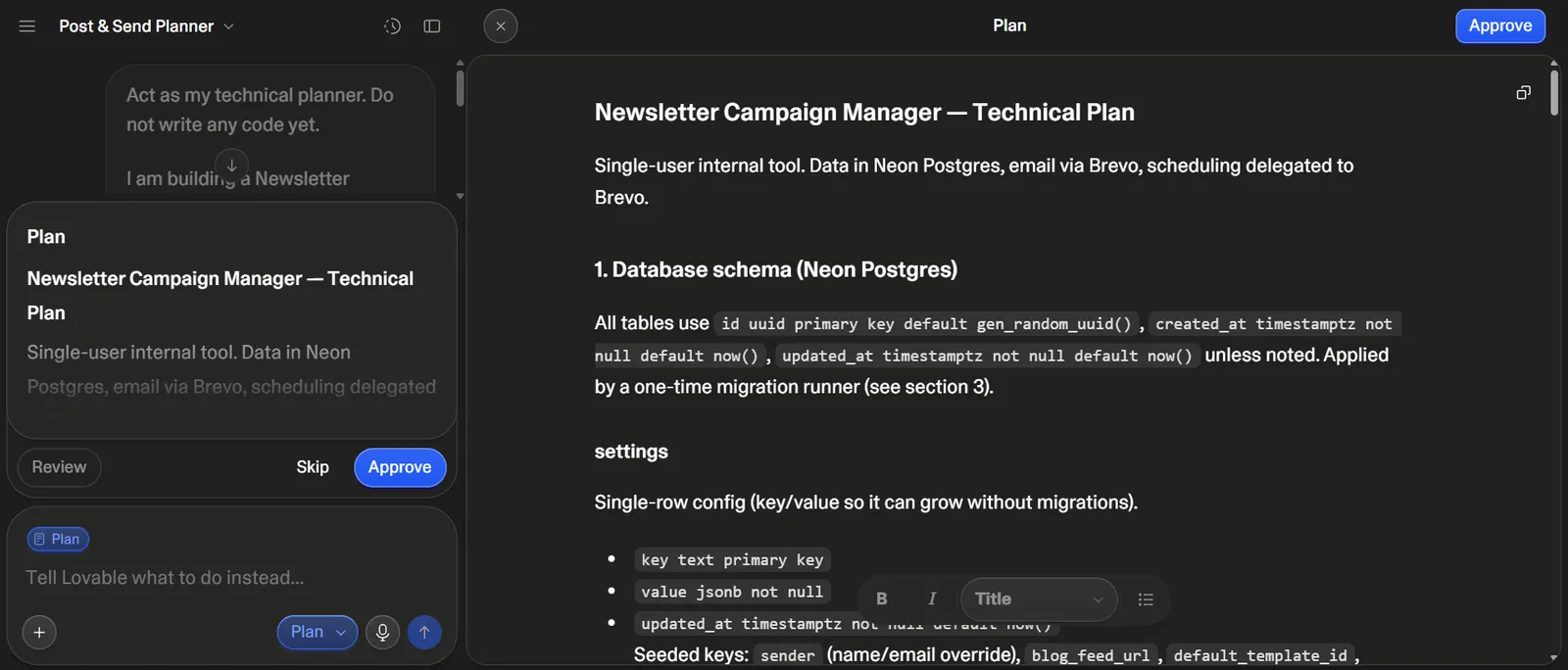 Widok Plan w Lovable z technicznym planem aplikacji i schematem bazy Neon Postgres