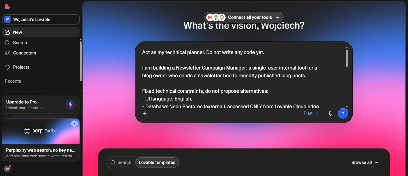 Ekran nowego projektu Lovable z wklejonym promptem planistycznym i przełącznikiem trybu ustawionym na Plan