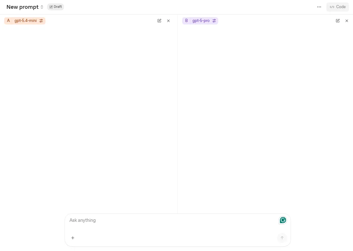 Tryb Compare w OpenAI Playground z dwiema kolumnami A i B ustawionymi na różne modele, do porównania odpowiedzi na ten sam prompt