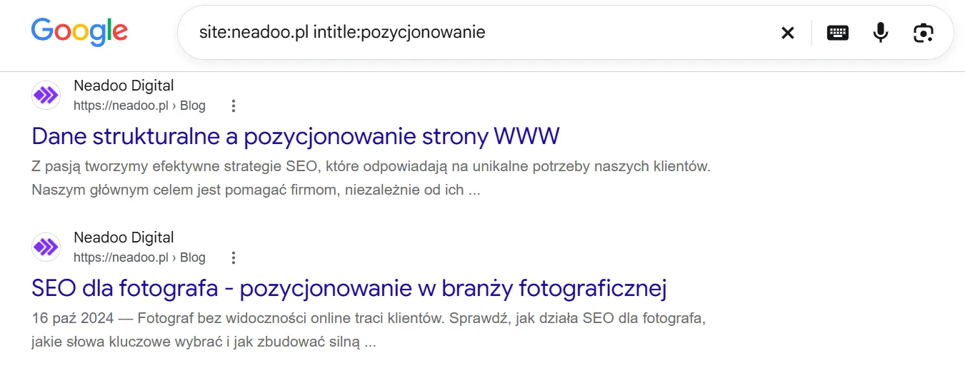 Połączenie site: z intitle: zwraca podstrony jednej domeny, w których tytule jest szukane słowo. Wyniki Google dla zapytania z operatorami site: i intitle:pozycjonowanie, dwa artykuły blogowe ze słowem w tytule