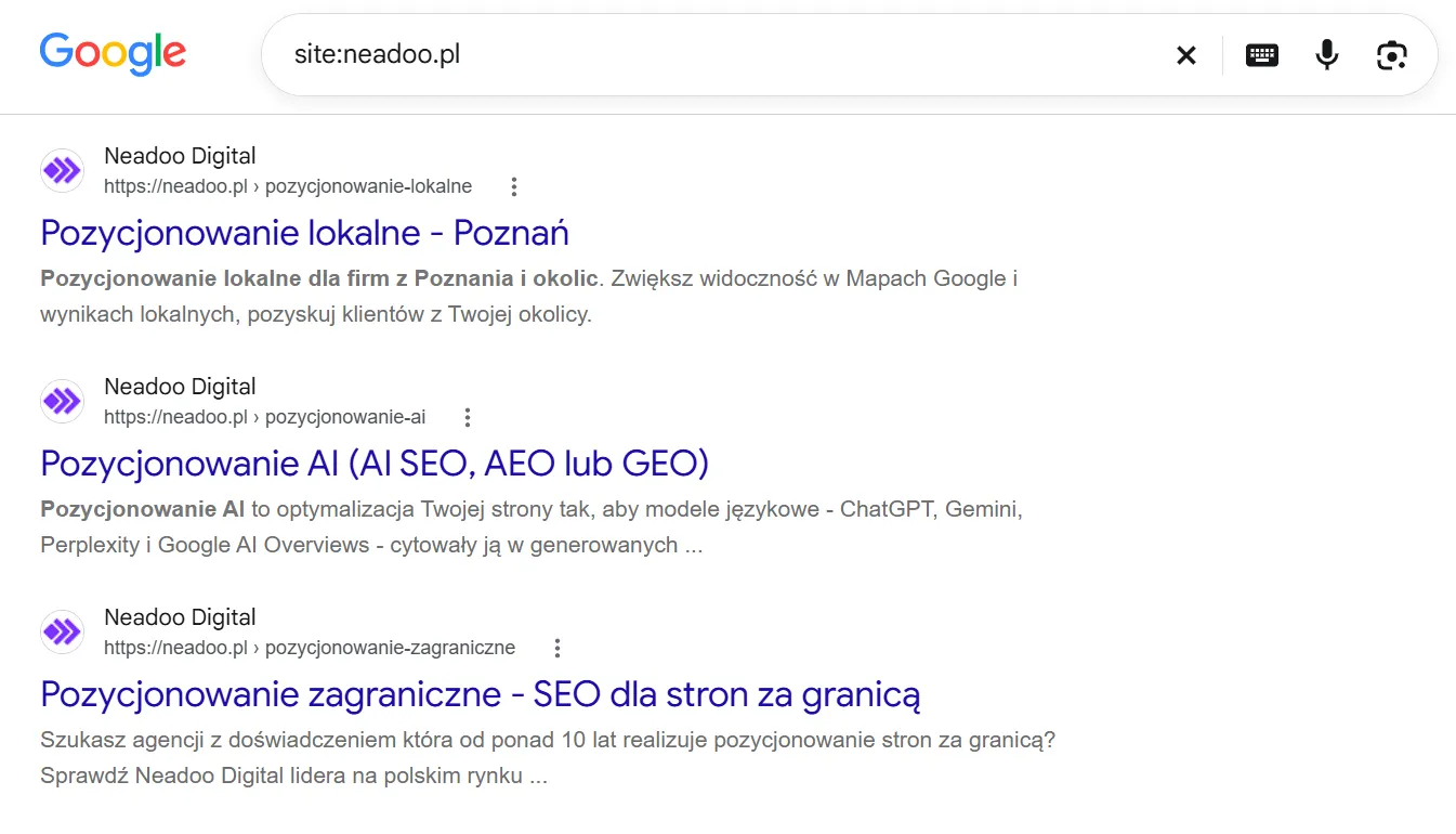 Samo site: pokazuje podstrony zaindeksowane w obrębie jednej domeny. Wyniki Google dla zapytania z operatorem site:, lista zaindeksowanych podstron usługowych jednej domeny