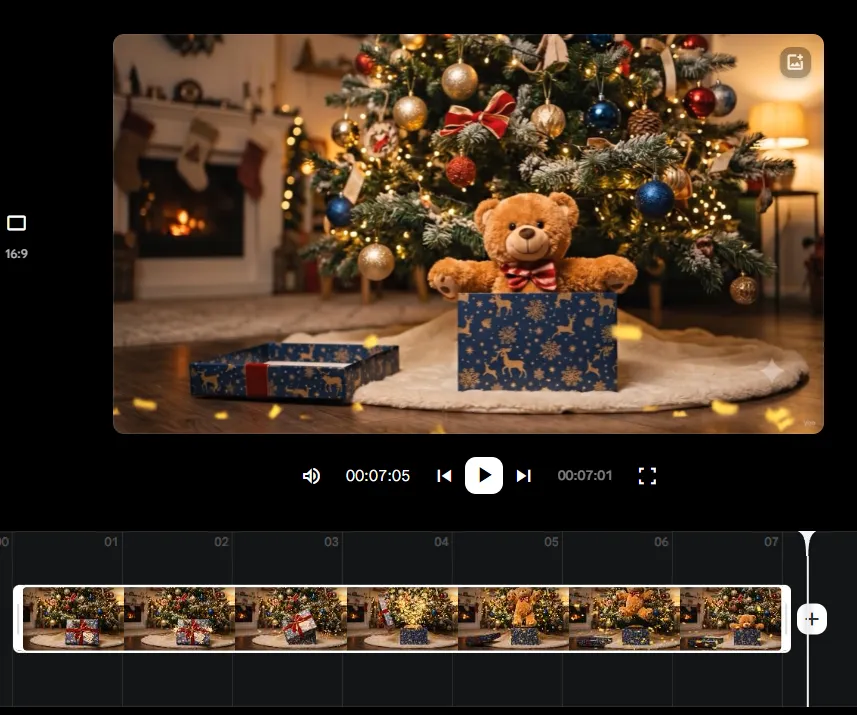 Podgląd wygenerowanego filmu z prezentem pod choinką oraz osią czasu do edycji