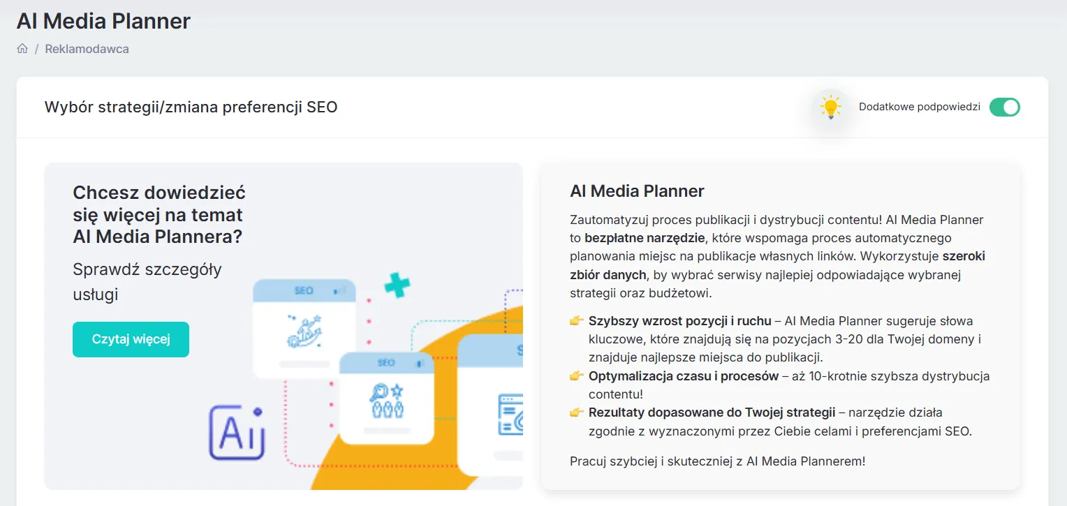 AI Media Planner - bezpłatne narzędzie WhitePress, które na podstawie danych o domenie klienta podpowiada portale dopasowane do przyjętej strategii SEO. Opis narzędzia AI Media Planner w WhitePress do automatycznego planowania miejsc publikacji linków
