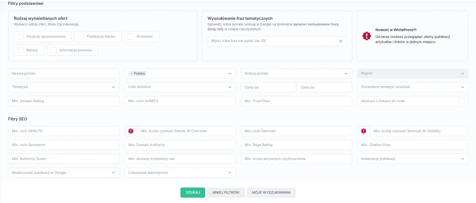 Zaawansowana wyszukiwarka portali WhitePress pozwala zawęzić katalog według ceny, tematyki oraz wskaźników takich jak Domain Rating, Trust Flow czy Authority Score. Formularz zaawansowanych filtrów wyszukiwania portali w WhitePress z parametrami Domain Rating, Trust Flow i Authority Score oraz danymi z Ahrefs, Senuto i Semrush