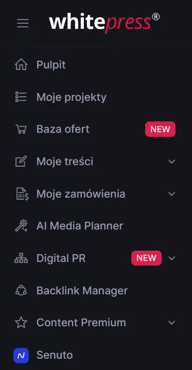 Menu panelu WhitePress - oprócz bazy ofert i modułu Content Premium reklamodawca znajdzie tu też AI Media Planner, Digital PR i Backlink Manager, uzupełniające klasyczny link building. Menu nawigacyjne panelu WhitePress z modułami Baza ofert, Moje treści, Moje zamówienia, AI Media Planner, Digital PR, Backlink Manager i Content Premium