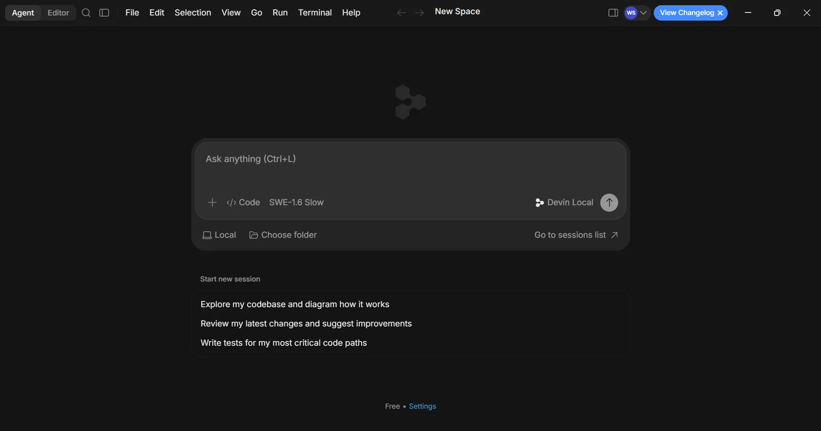 Pierwszy ekran po uruchomieniu Devin Desktop - wybór folderu roboczego, agenta Devin Local i gotowe podpowiedzi na start. Ekran startowy nowej sesji w Devin Desktop z agentem Devin Local i przykładowymi promptami