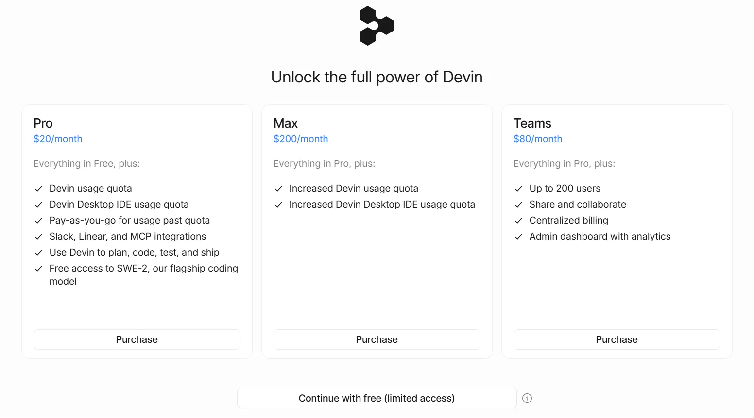 Ekran wyboru planu w Devin Desktop - tak wygląda moment zakładania konta, zanim padnie decyzja o subskrypcji. Ekran cennika Devin Desktop z planami Pro (20 USD/mies.), Max (200 USD/mies.) i Teams (80 USD/mies.)