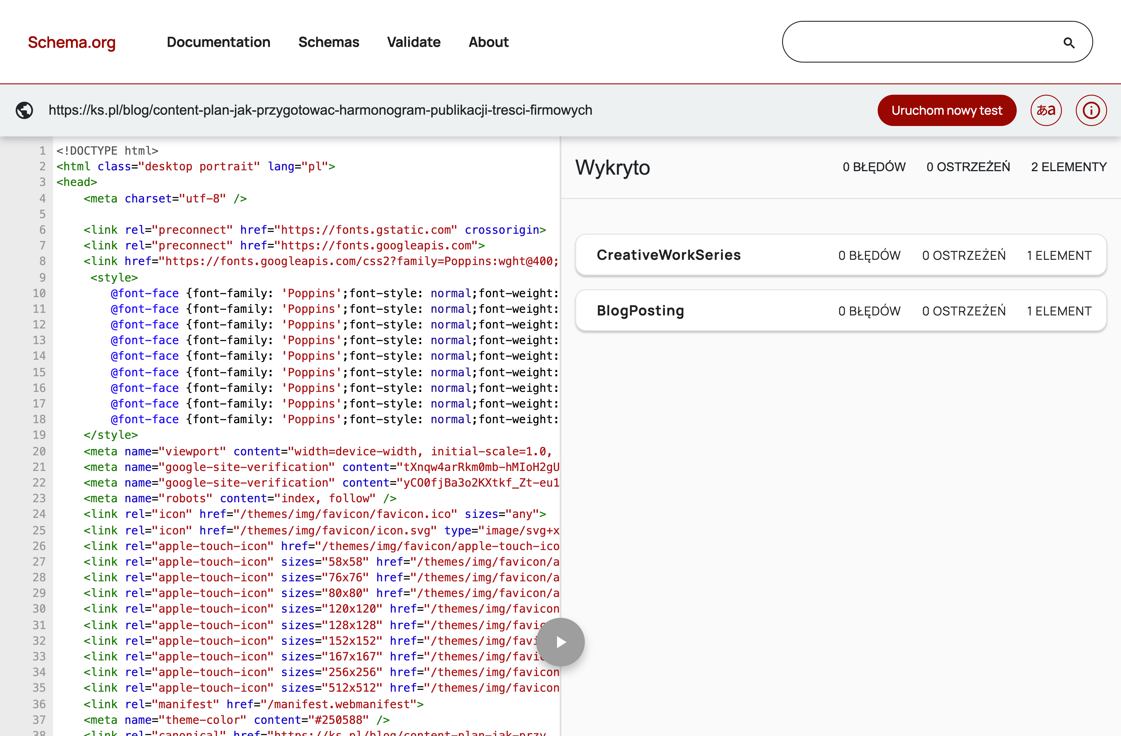 Testowanie kodu za pomocą walidatora schema.org